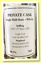 Ardbeg 27 yo 1991/2018 (48.5%, Private Cask, hogshead, cask #02/54-4, 149 bottles) Ardbeg 27 yo 1991/2018 (48.5%, Private Cask, hogshead, cask #02/54-4, 149 bottles)