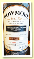 Bowmore 1997/2019 ‘Distillery Manager’s Selection’ (51.7%, OB, first fill oloroso sherry casks, 3000 bottles) Bowmore 1997/2019 ‘Distillery Manager’s Selection’ (51.7%, OB, first fill oloroso sherry casks, 3000 bottles)