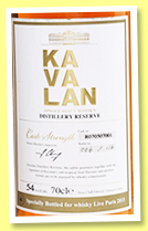 Kavalan 2007/2015 ‘Distillery Reserve’ (54%, OB, Taiwan, for Whisky Live Paris 2015, peaty cask, cask #R070507001, 114 bottles) Kavalan 2007/2015 ‘Distillery Reserve’ (54%, OB, Taiwan, for Whisky Live Paris 2015, peaty cask, cask #R070507001, 114 bottles)