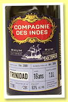 T.D.L. 16 yo 2000/2016 (63%, Compagnie des Indes, Trinidad, cask #TT96, 281 bottles)