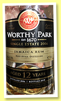 Worthy Park 12 yo 2006/2018 (56%, OB, Jamaica) Worthy Park 12 yo 2006/2018 (56%, OB, Jamaica)