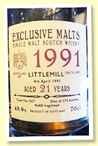 Littlemill 21 yo 1991/2012 (48.9%, Exclusive Malts, cask #557, refill hogshead, 275 bottles) Littlemill 21 yo 1991/2012 (48.9%, Exclusive Malts, cask #557, refill hogshead, 275 bottles)
