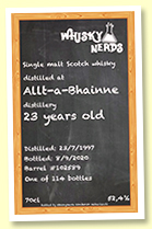 Allt-A-Bhainne 23 yo 1997/2020 (52.4%, Whisky Nerds, cask #102589, barrel, 114 bottles) Allt-A-Bhainne 23 yo 1997/2020 (52.4%, Whisky Nerds, cask #102589, barrel, 114 bottles)