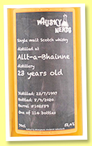 Allt-a-Bhainne 23 yo 1997/2020 (52.4%, Whisky Nerds, barrel, cask #102589, 114 bottles) Allt-a-Bhainne 23 yo 1997/2020 (52.4%, Whisky Nerds, barrel, cask #102589, 114 bottles)