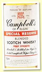 Campbell's Of Elgin 'Special Reserve' ('proof strength', Campbell, Hope & King, -/+ 1963)
Campbell's Of Elgin 'Special Reserve' ('proof strength', Campbell, Hope & King, -/+ 1963)