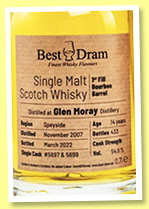 Glen Moray 14 yo 2007/2022 (54.6%, Best Dram, Kirsch Import, 1st fill bourbon barrel, casks #5697+5699, 433 bottles) 