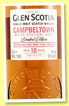 Glen Scotia 10 yo 'Campbeltown Malt Festival 2021' (56.1%, OB, Bordeaux Red Wine Cask Finish)