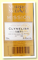 Clynelish 36 yo 1971/2007 (51.5%, Murray McDavid, Mission, bourbon cask, 265 bottles)
Clynelish 36 yo 1971/2007 (51.5%, Murray McDavid, Mission, bourbon cask, 265 bottles)
