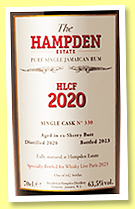 Hampden 3 yo 2020/2023 'HLCF' (63.5%, Whisky Live Paris 2023, ex-Lustau, cask #330)