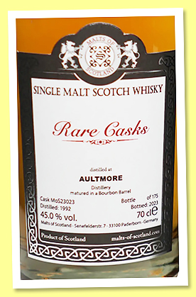 Aultmore 1992/2023 (45%, Malts of Scotland, Rare Casks, bourbon barrel, cask #MoS 23023, 175 bottles) Aultmore 1992/2023 (45%, Malts of Scotland, Rare Casks, bourbon barrel, cask #MoS 23023, 175 bottles)