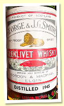Glenlivet 1945 (100 proof, Gordon & MacPhail, securo cap, bottled early 1960s)
Glenlivet 1945 (100 proof, Gordon & MacPhail, securo cap, bottled early 1960s)