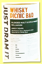 Williamson 9 yo 2012/2022 (60.5%, Whisky Picnic Bar Taiwan, Just Dram It, refill butt, cask #SI 2022-02, 267 bottles)